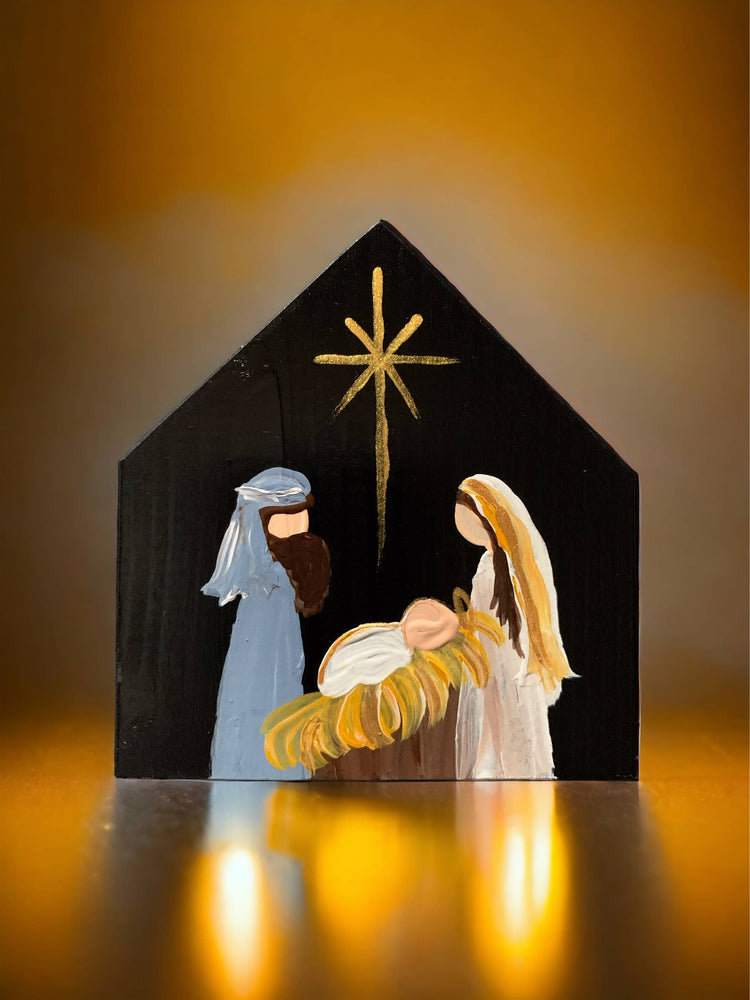 
                  
                    Load image into Gallery viewer, Original Small Nativity, handmade Wood, Black Background
                  
                