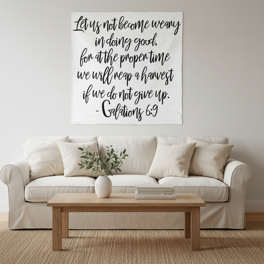 Galatians 6:9 Scripture swaddle styled for nursery display