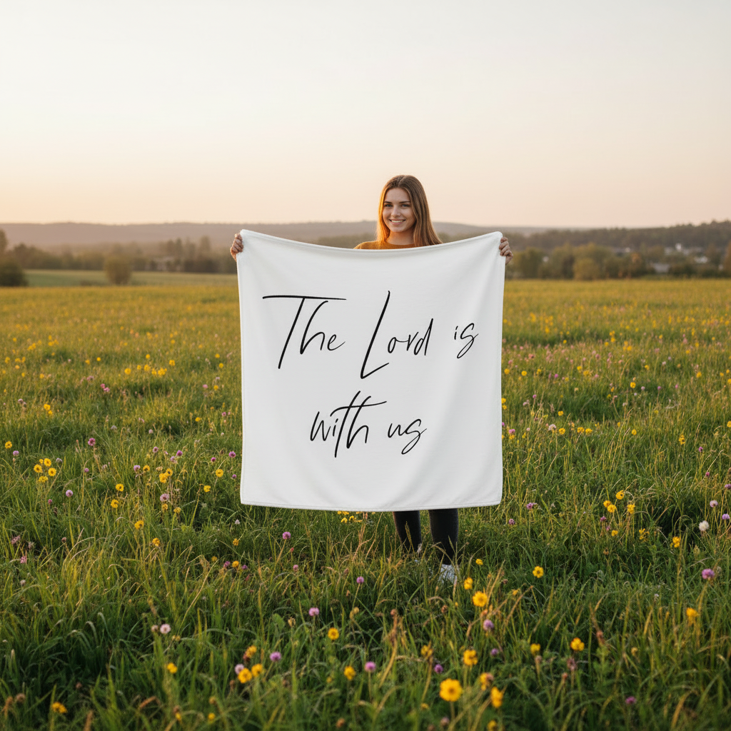 Family holding up The Lord Is With Us Swaddle.