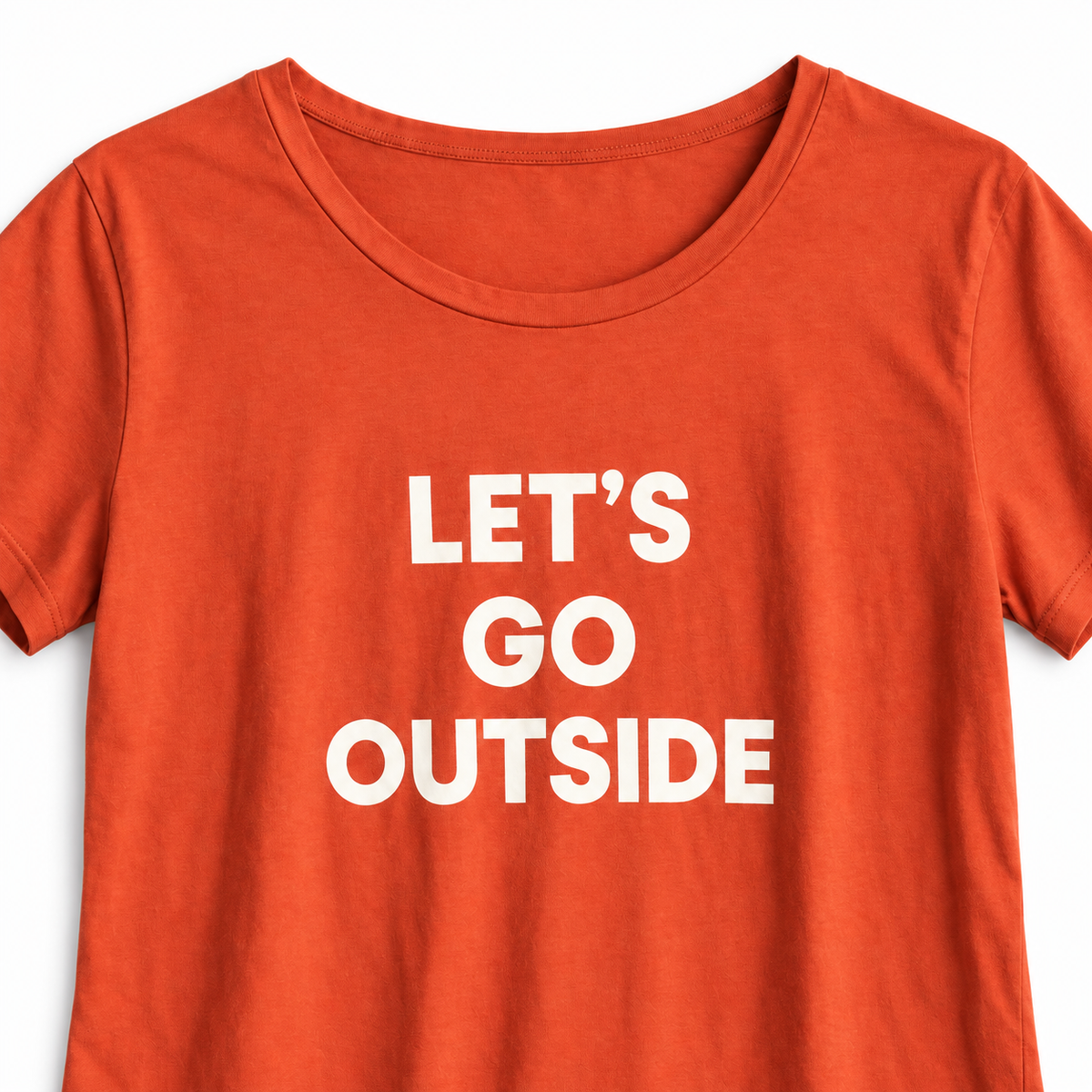 Let's Go Outside women's tee, neckline and ivory print detail