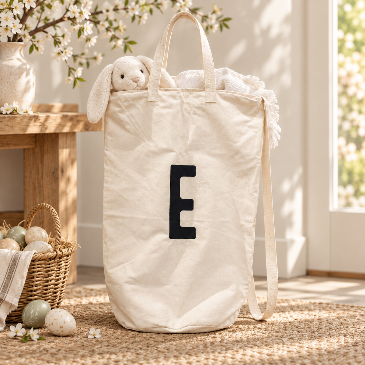 Modern Burlap E initial cotton canvas bag