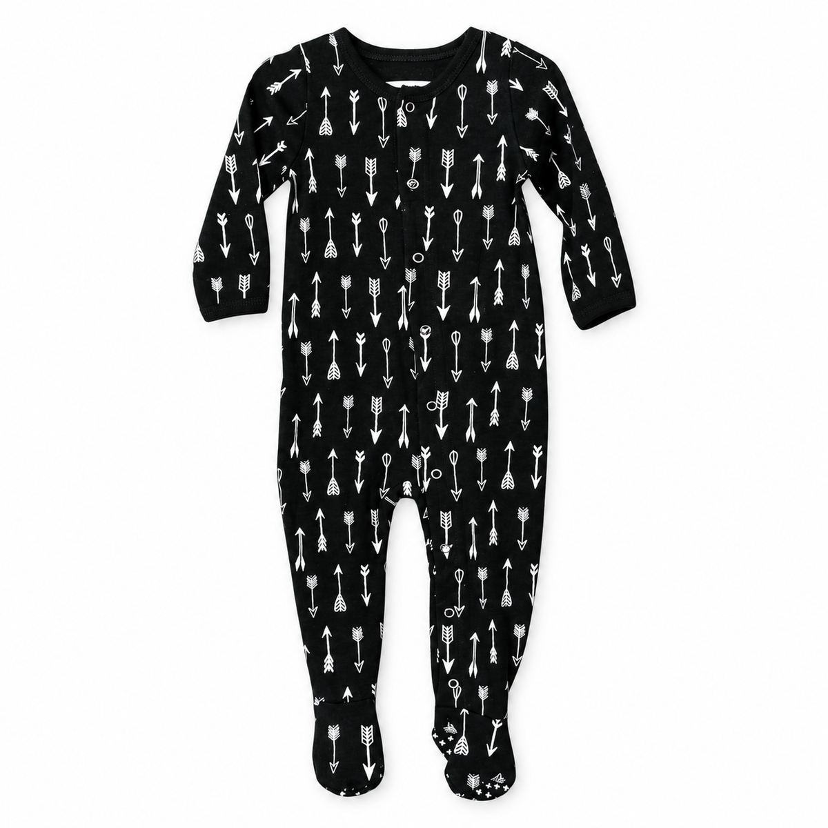 Modern Burlap organic Explorer baby footie in White on Black Arrows, full front studio view