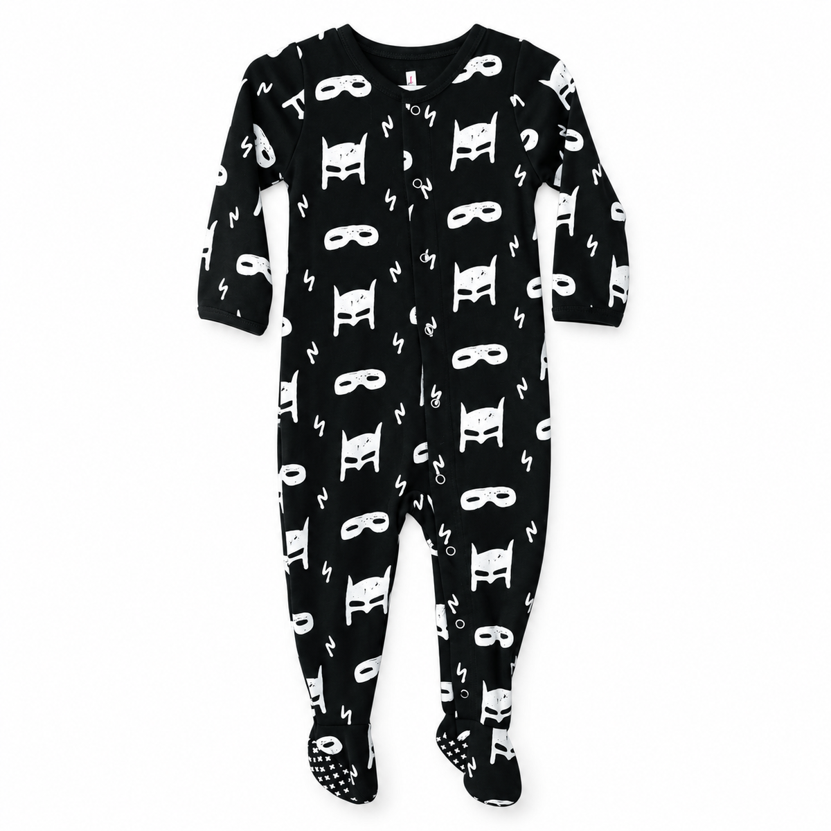 Modern Burlap organic Explorer baby footie in White on Black Hero Struck, full front studio view