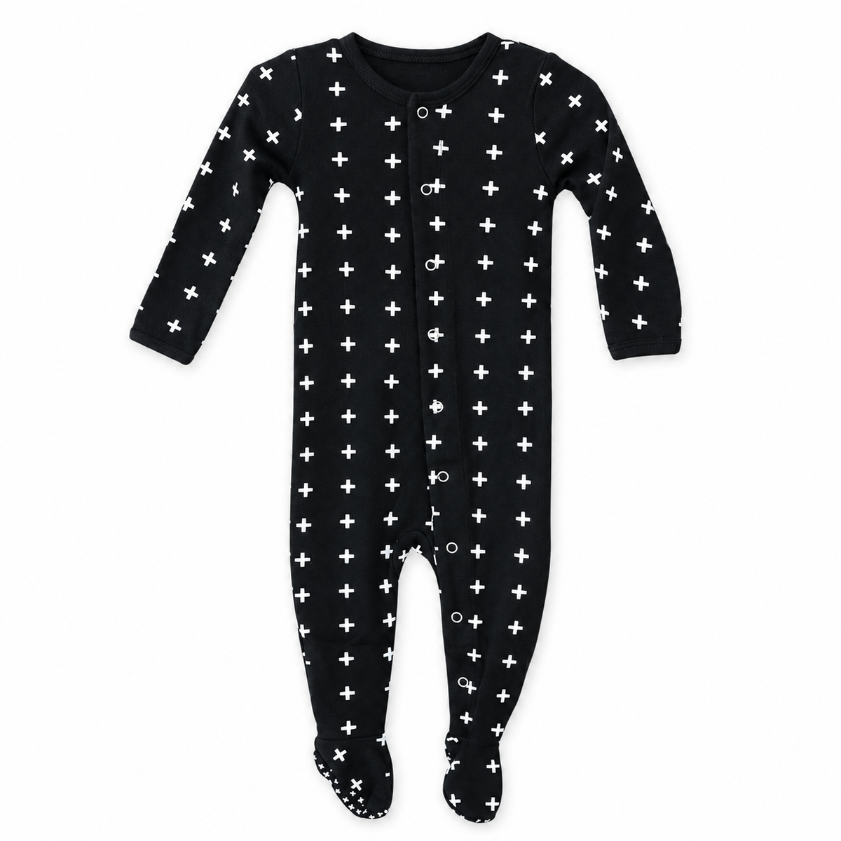 Modern Burlap organic Explorer baby footie in White on Black Swiss Cross, full front studio view