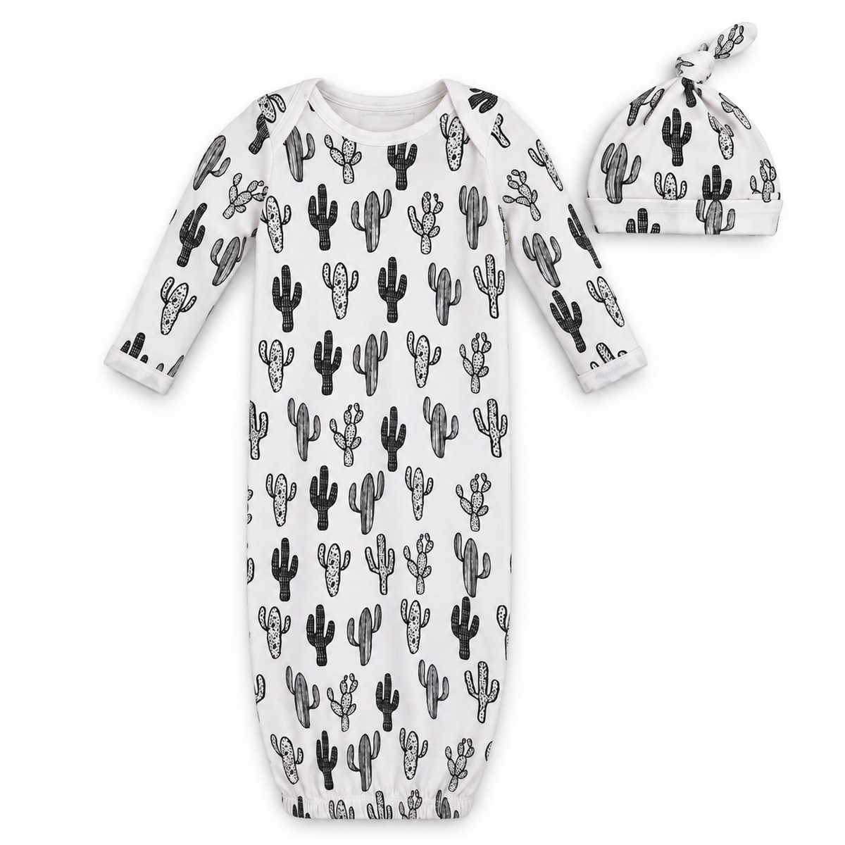 Modern Burlap organic Signature Print gown and knot hat set, White Cactus ©, full front studio view