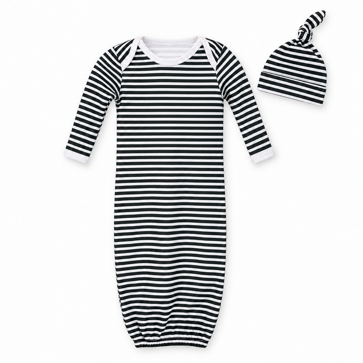 Modern Burlap organic Signature Print gown and knot hat set, White Stripes, full front studio view