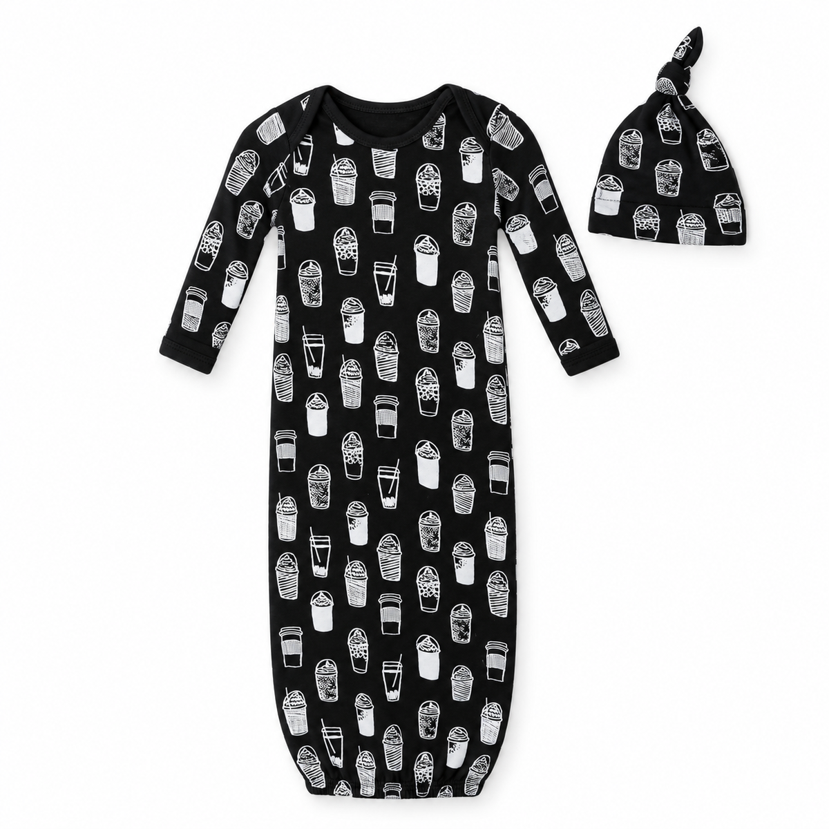 Modern Burlap organic Signature Print gown and knot hat set, Black Coffee Love, full front studio view