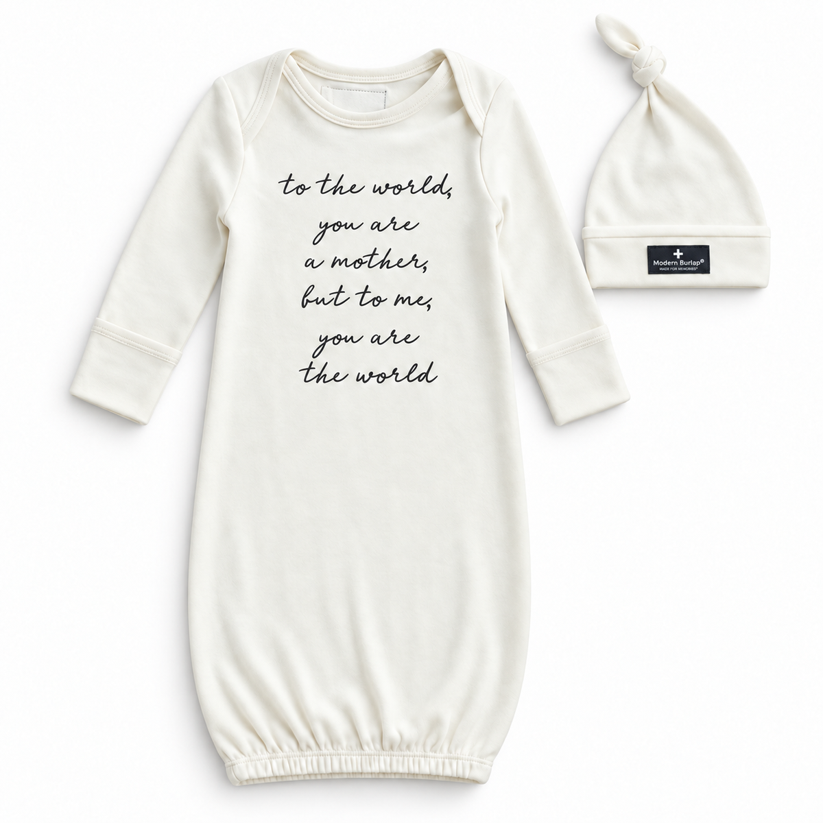 Modern Burlap organic gown and knot hat set, To the world, you are a mother, full front studio view