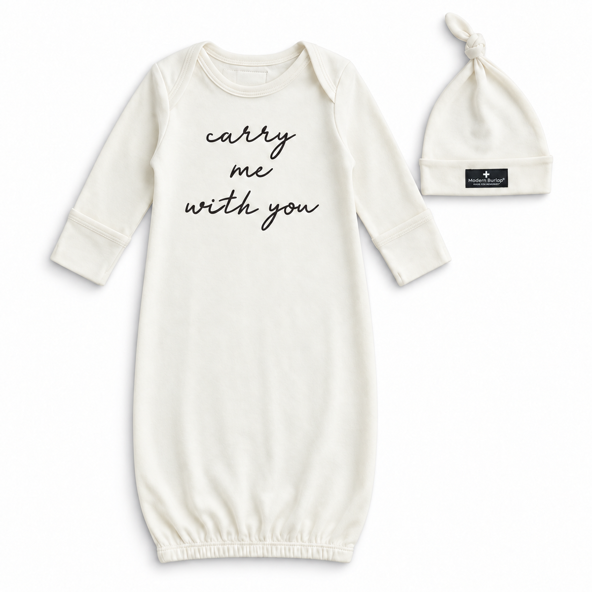 Modern Burlap organic gown and knot hat set, Carry me with you, full front studio view