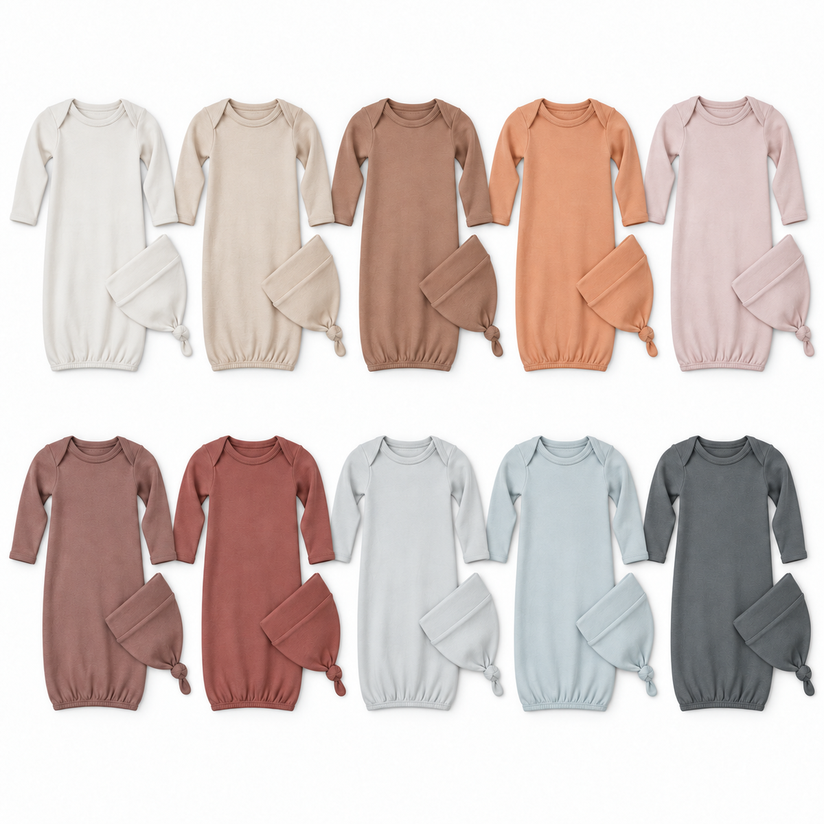 Organic gown and knot hat sets in ten reference-matched colors, arranged at consistent scale on white.