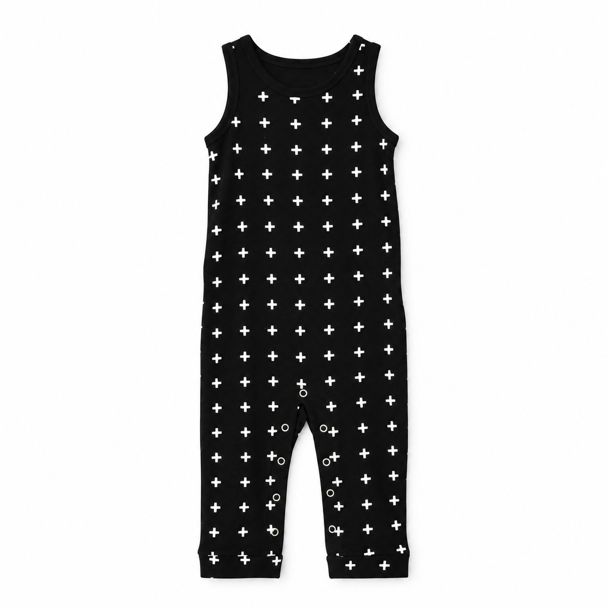 Modern Burlap organic tank Explorer Back jumpsuit, White on Black Swiss Cross, full front studio view
