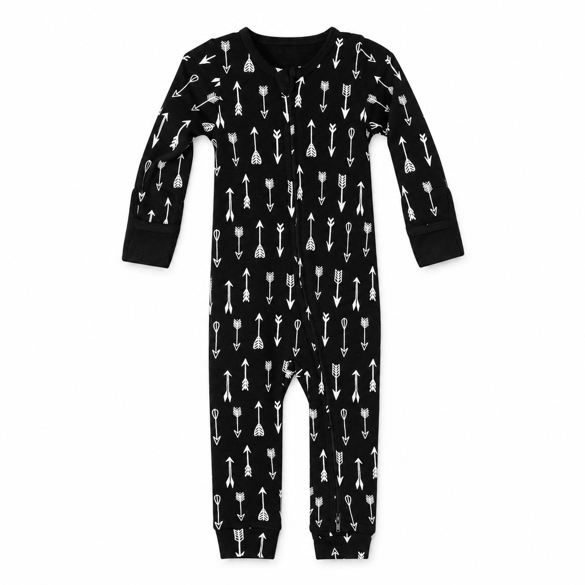Modern Burlap organic baby zip coverall in White on Black Arrows, full front studio view