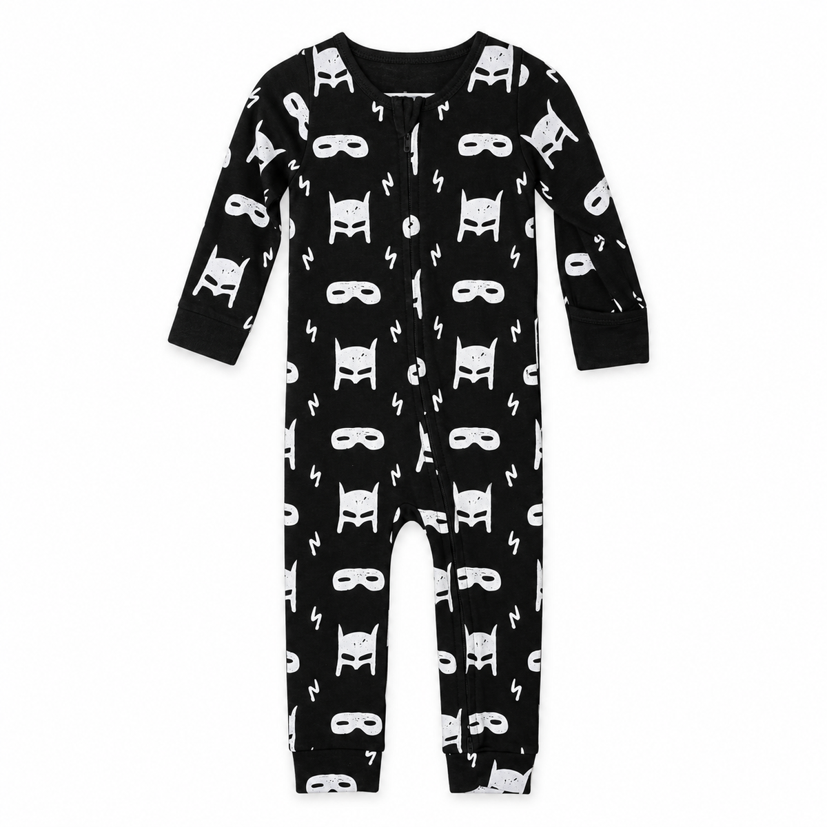 Modern Burlap organic baby zip coverall in White on Black Hero Struck, full front studio view