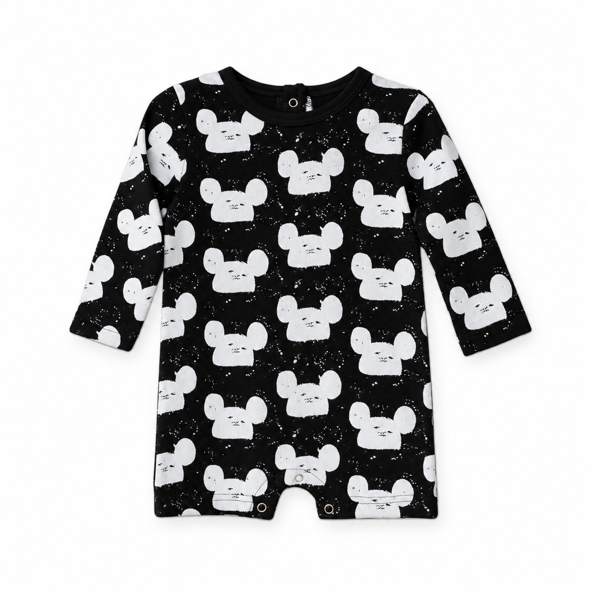Modern Burlap organic long sleeve romper, White on Black Modern Mouse, full front studio view