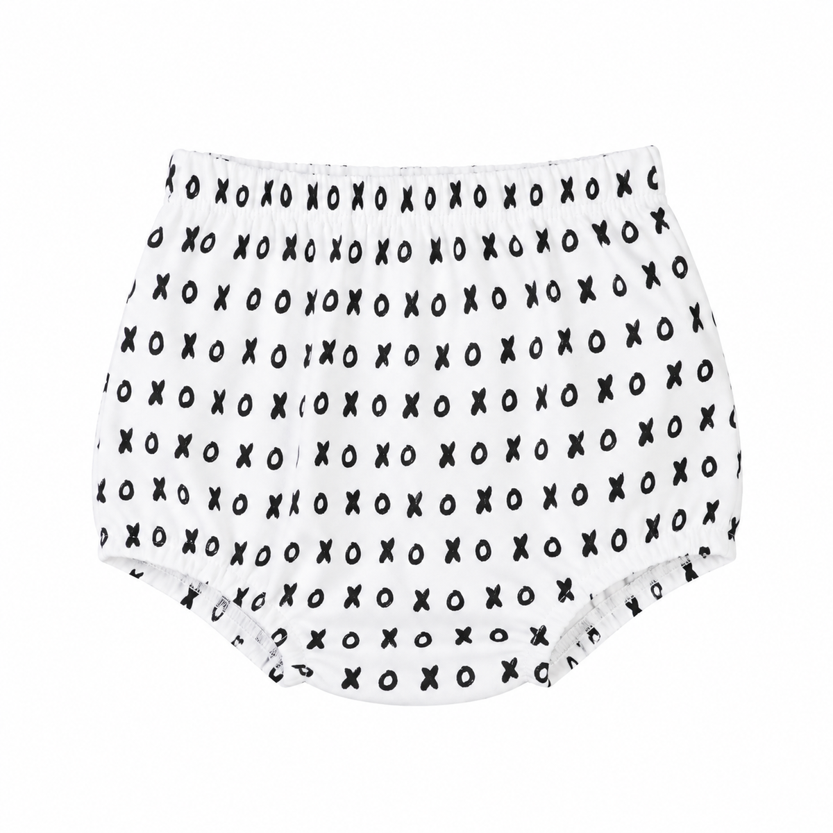 Modern Burlap organic baby bloomers in B+W XO, front studio view on white