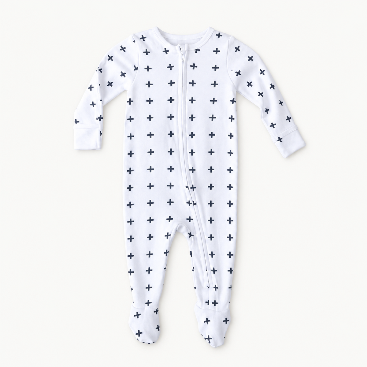 Swiss Cross print organic zip footie, full front view showing the zipper, long sleeves and covered feet.