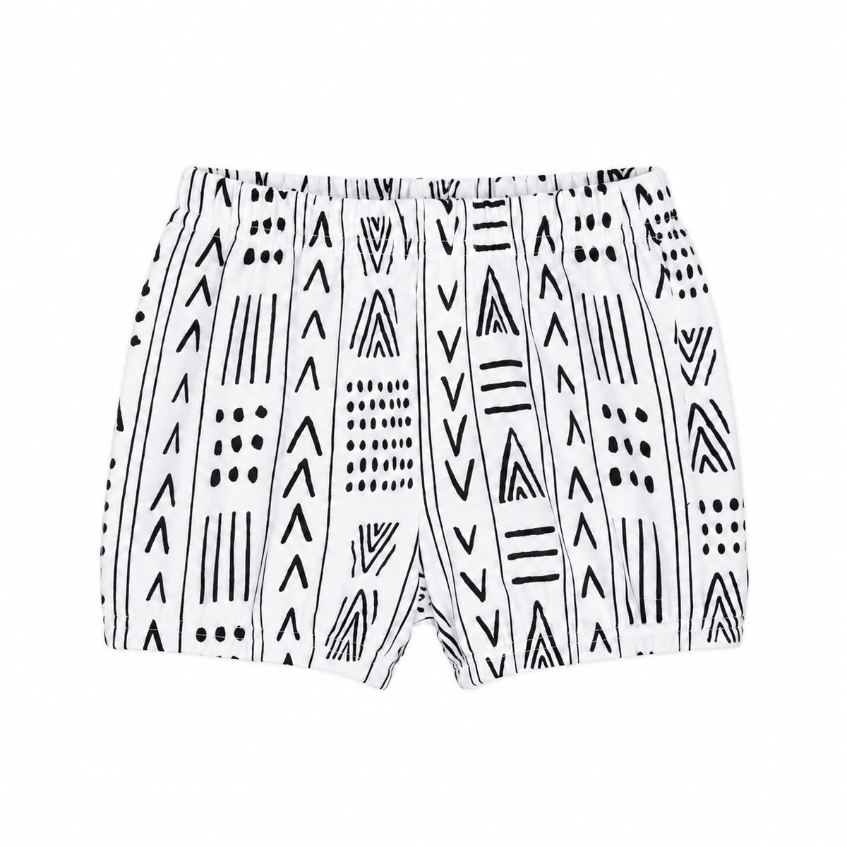Modern Burlap B+W Mud Cloth © organic shorts, front studio view with stitched faux fly and gathered hems.