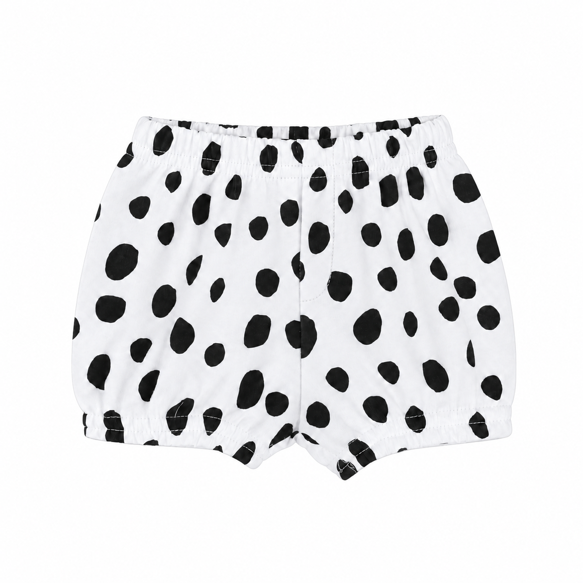 Modern Burlap B+W Spots © organic shorts, front studio view with stitched faux fly and gathered hems.