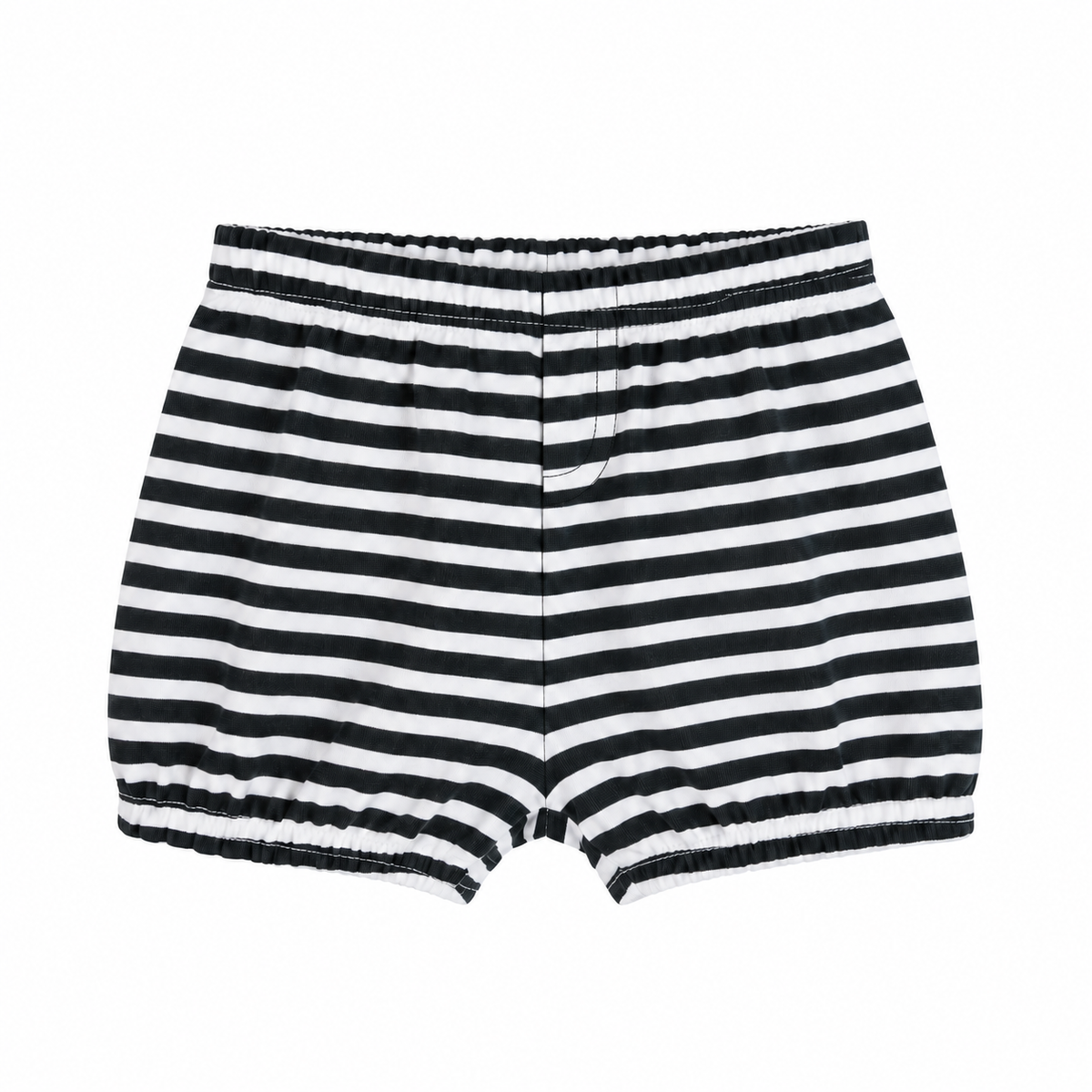 Modern Burlap B+W Stripes organic shorts, front studio view with stitched faux fly and gathered hems.