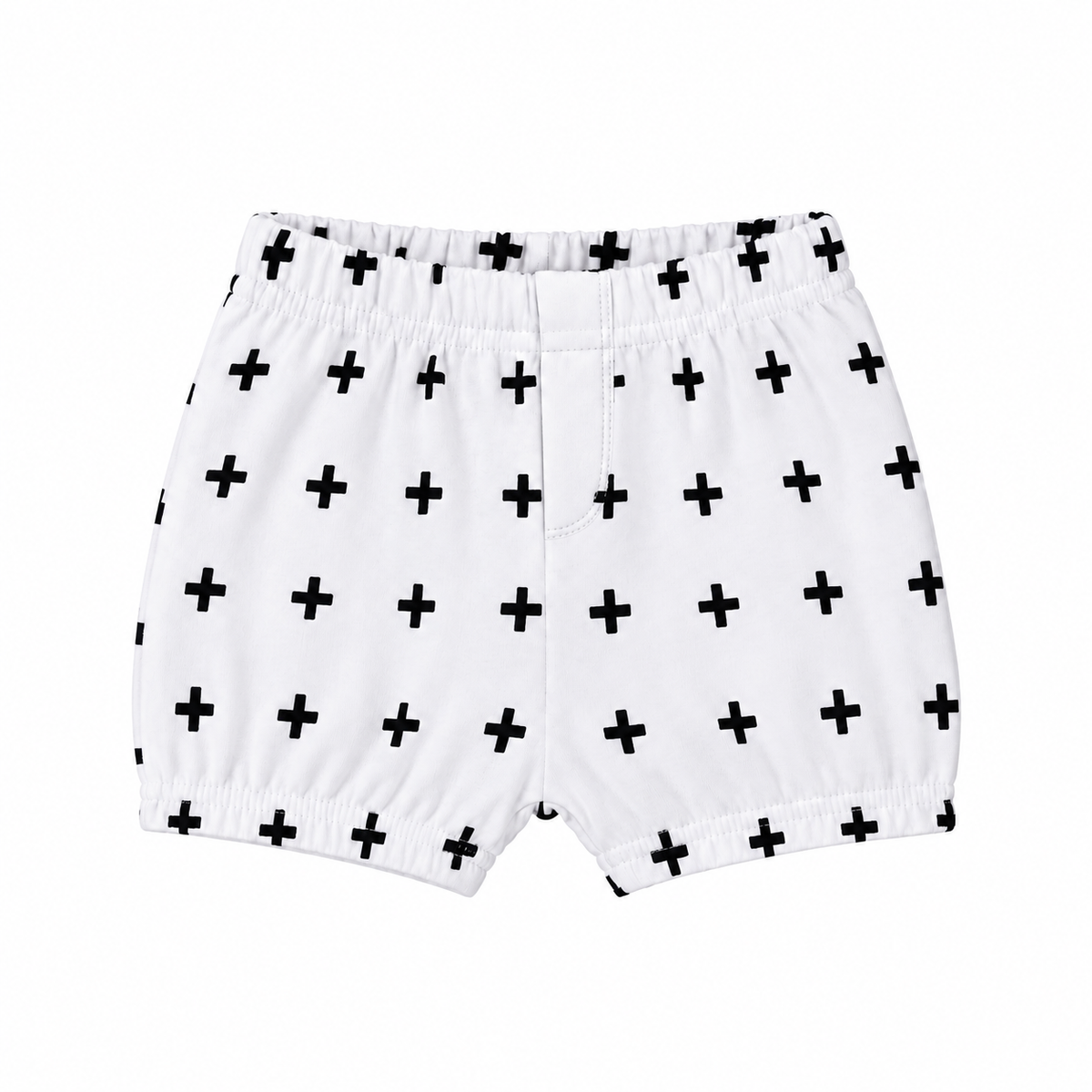 Modern Burlap B+W Swiss Cross organic shorts, front studio view with stitched faux fly and gathered hems.