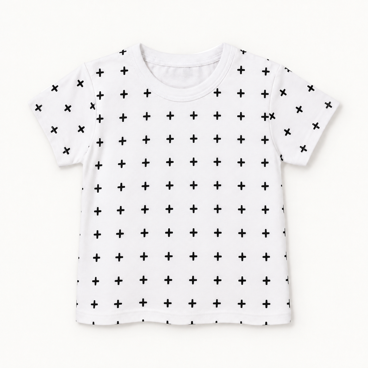 Modern Burlap Swiss Cross print organic baby and kids tee, full front view on a warm-white background.