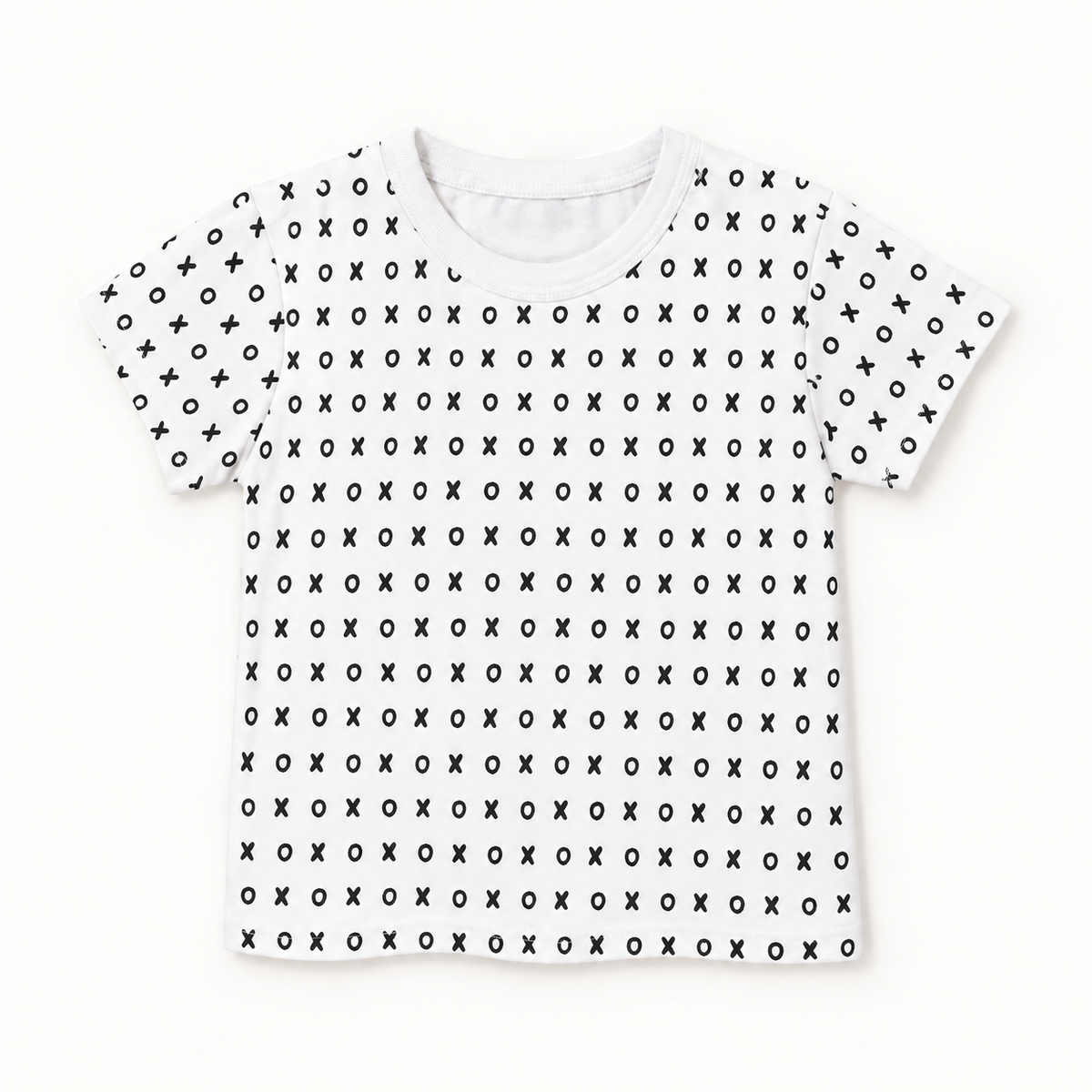 Modern Burlap XO print organic baby and kids tee, full front view on a warm-white background.