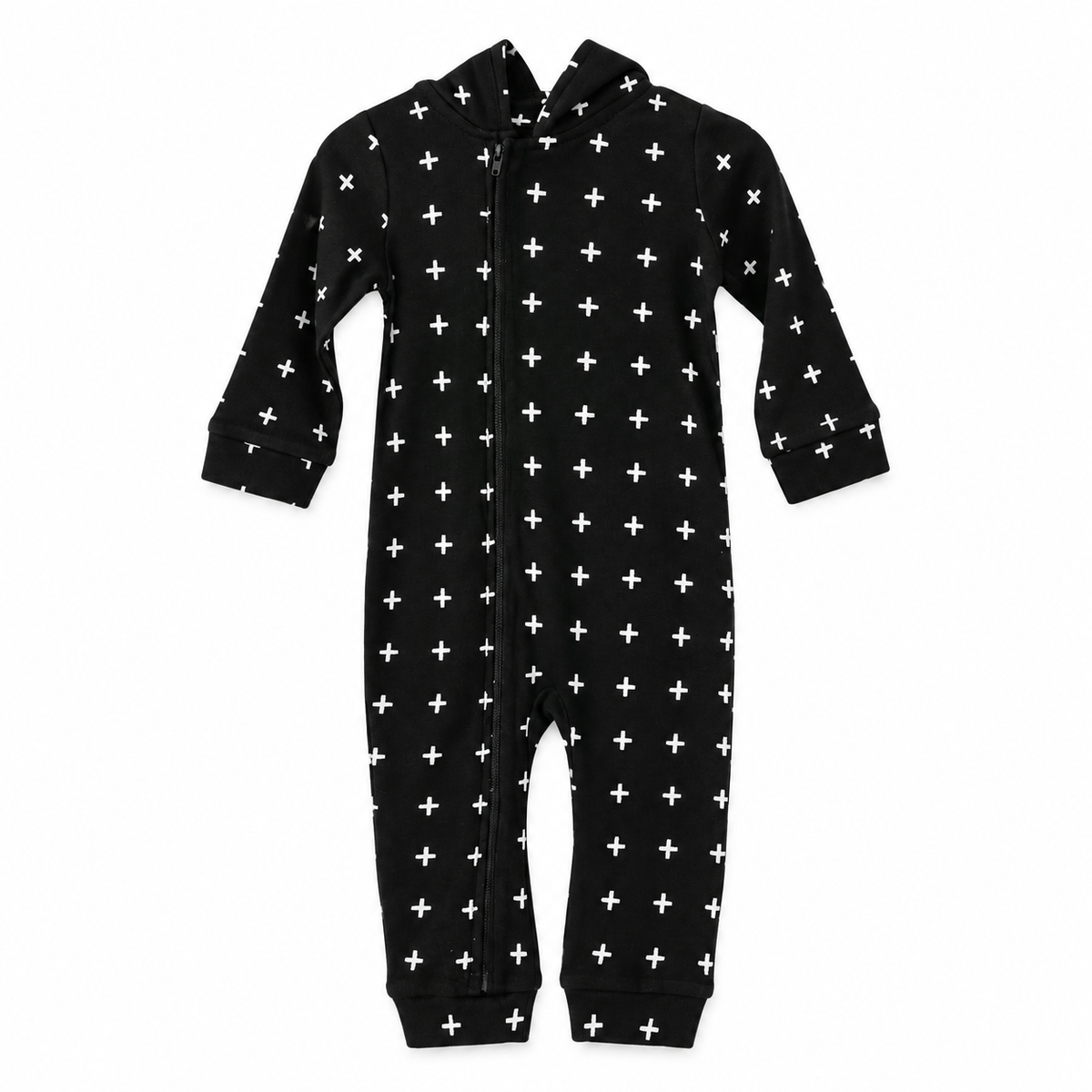 White on Black Swiss Cross hooded zip coverall — front studio view