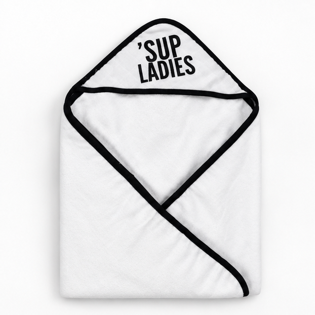 ’Sup Ladies Muslin + Terry Hooded Baby Towel — folded studio view on white
