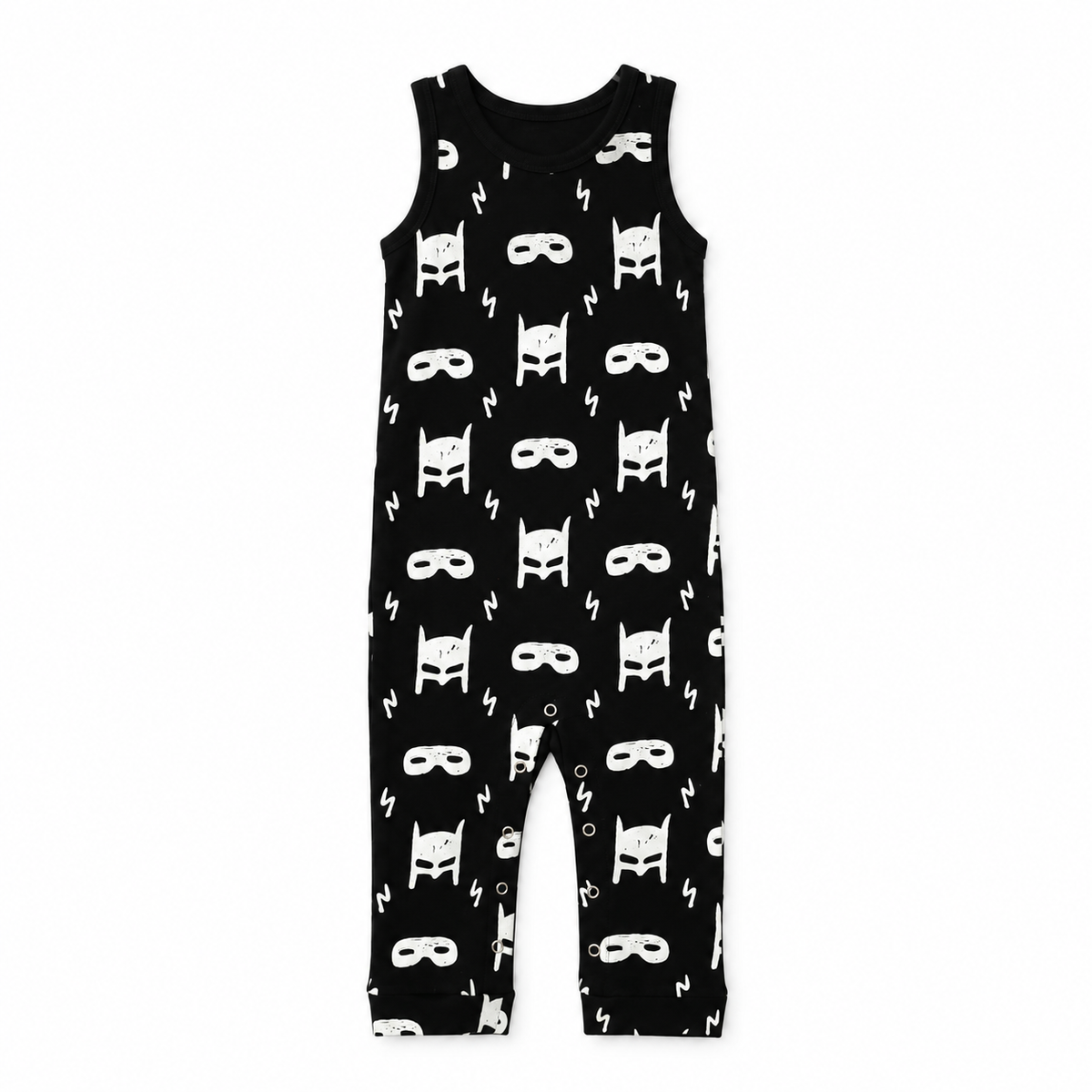 Front view of Modern Burlap organic tank Explorer Back jumpsuit in White on Black Hero Struck, showing mask and lightning print and inseam snaps.