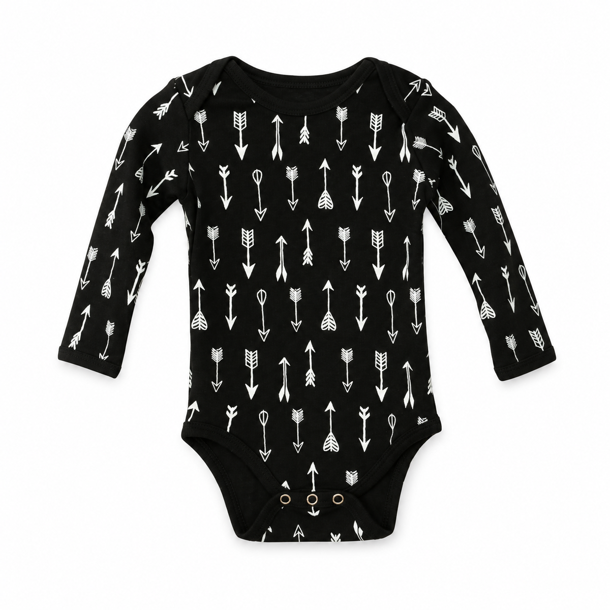 Organic Baby Long Sleeve Bodysuit | Signature Prints in WHITE ON BLACK ARROWS, front studio product photograph on white.