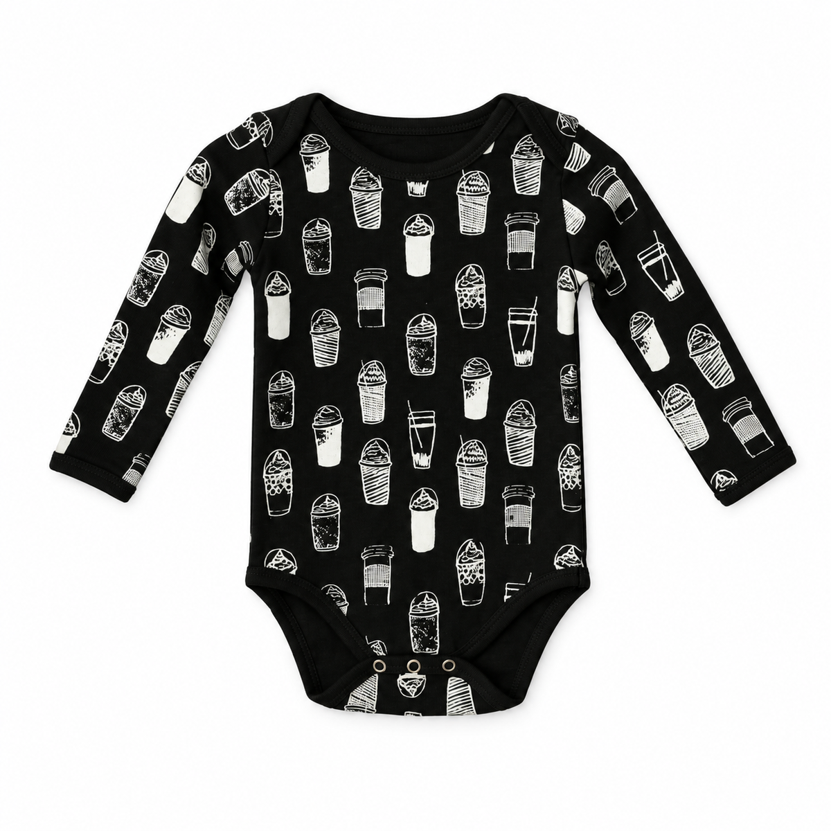Organic Baby Long Sleeve Bodysuit | Signature Prints in WHITE ON BLACK COFFEE LOVE, front studio product photograph on white.