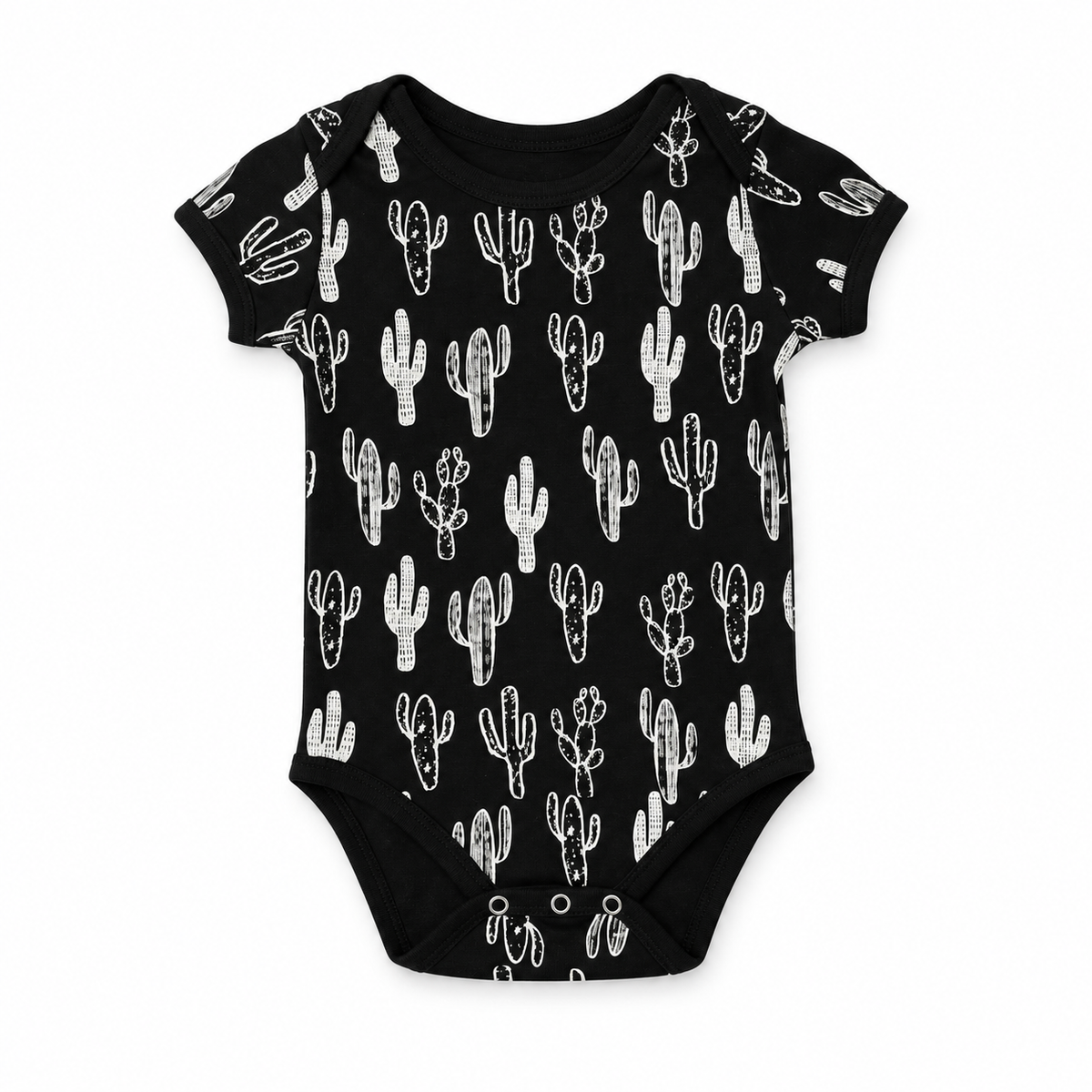 Organic Baby Short Sleeve Bodysuit | White on Black Prints in White on Black Cactus, front studio product photograph on white.