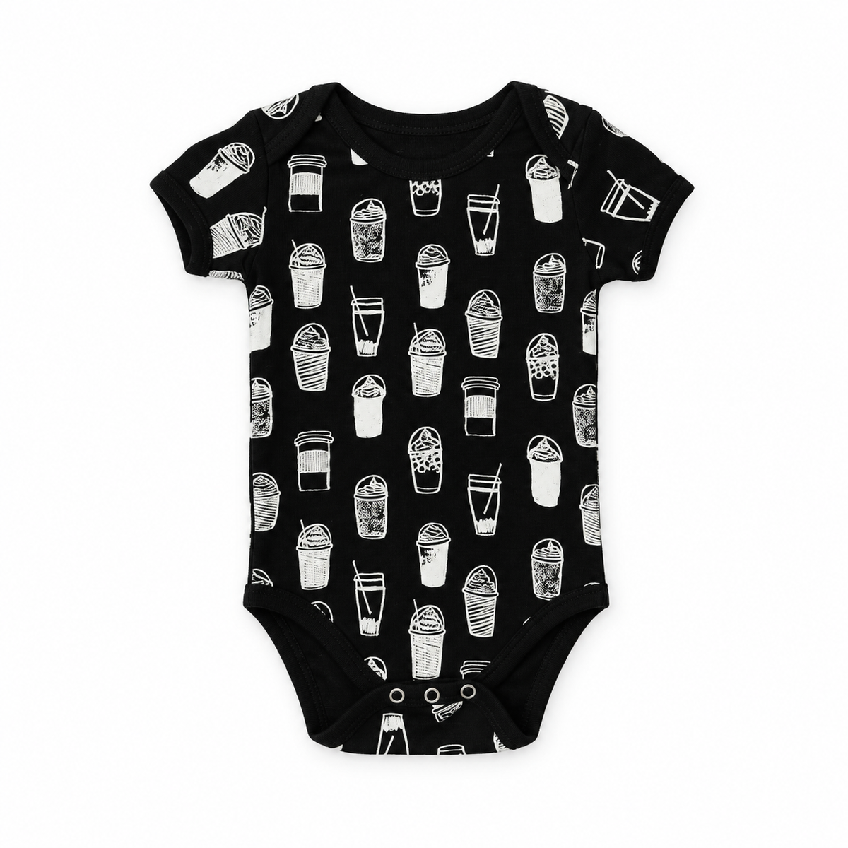 Organic Baby Short Sleeve Bodysuit | White on Black Prints in White on Black Coffee Love, front studio product photograph on white.