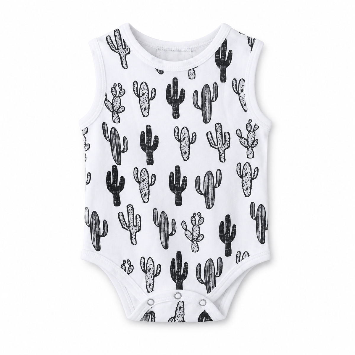 Organic Baby Tank Bodysuit | Signature Prints in B+W Cactus ©, front studio product photograph on white.