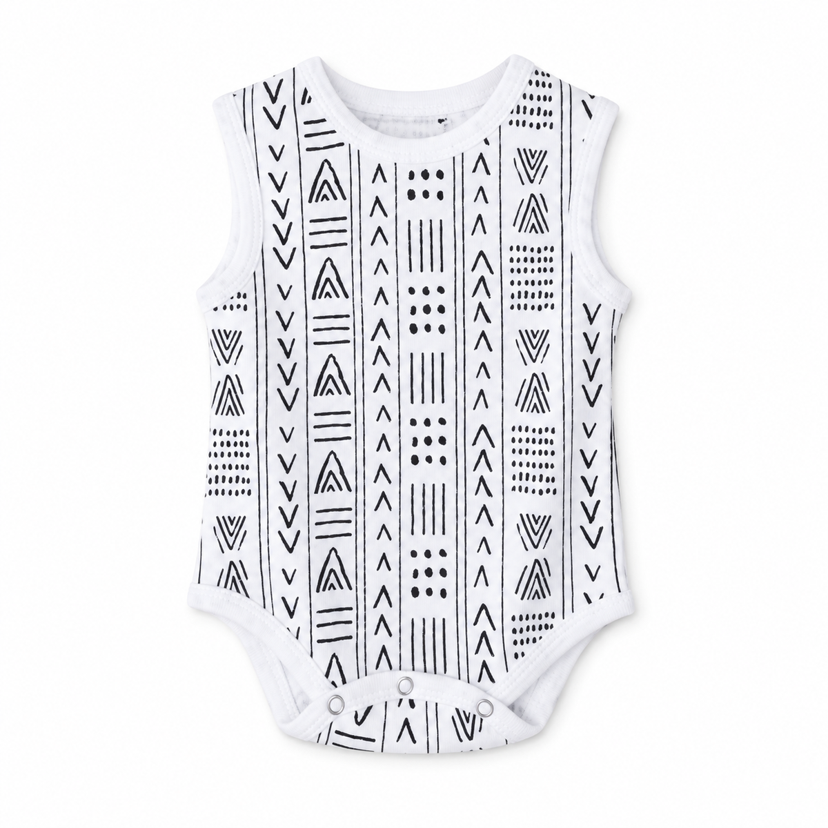 Organic Baby Tank Bodysuit | Signature Prints in B+W Mud Cloth ©, front studio product photograph on white.