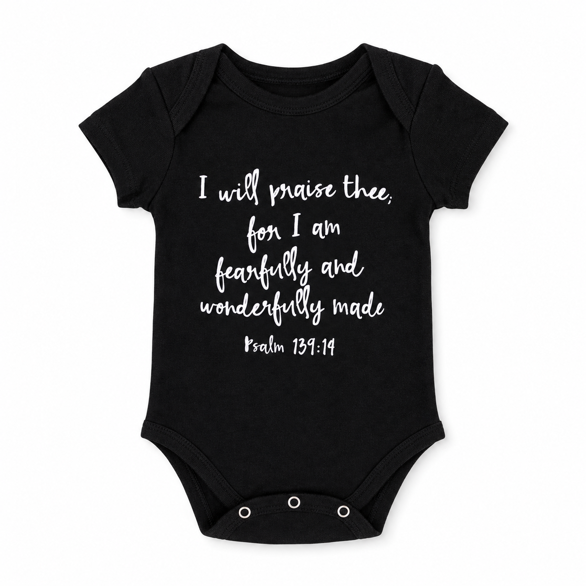 Psalm 139:14 Organic Baby Short Sleeve Bodysuit in B+W Psalm 139:14, front view on white.