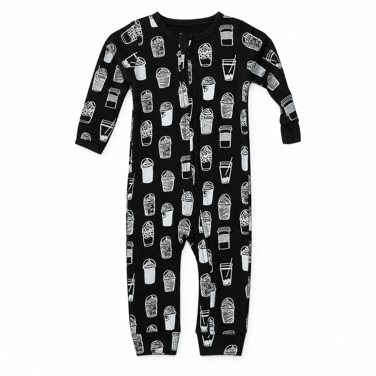 Organic Baby Zip Coverall | Signature Prints in White on Black Coffee Love, studio product photo on white.