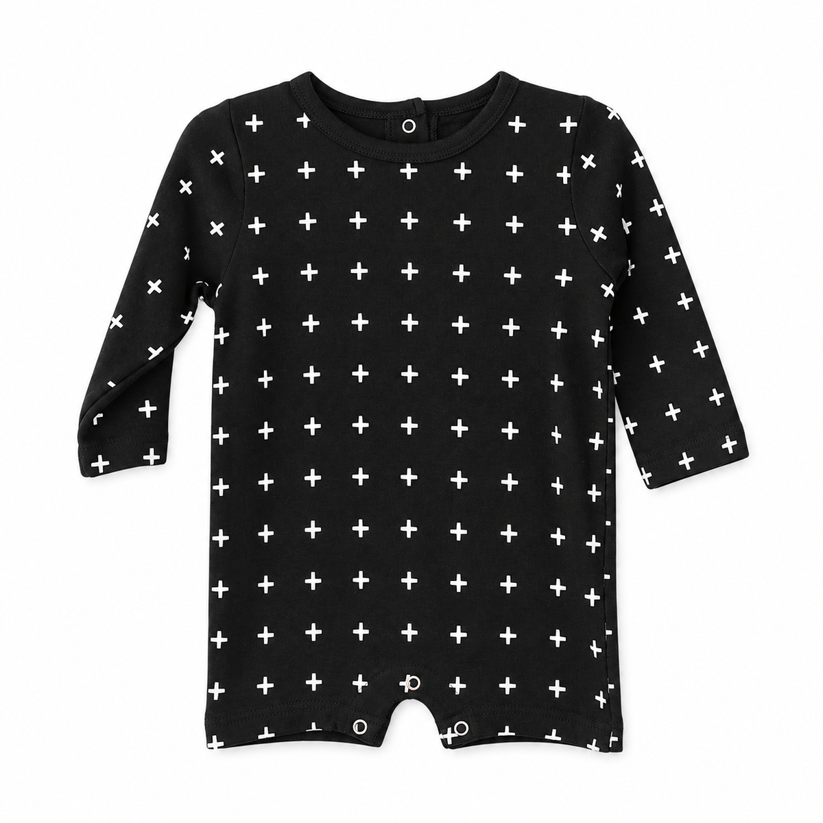 Organic Baby Long Sleeve Romper | Signature Prints in White on Black Swiss Cross, studio product photo on white.