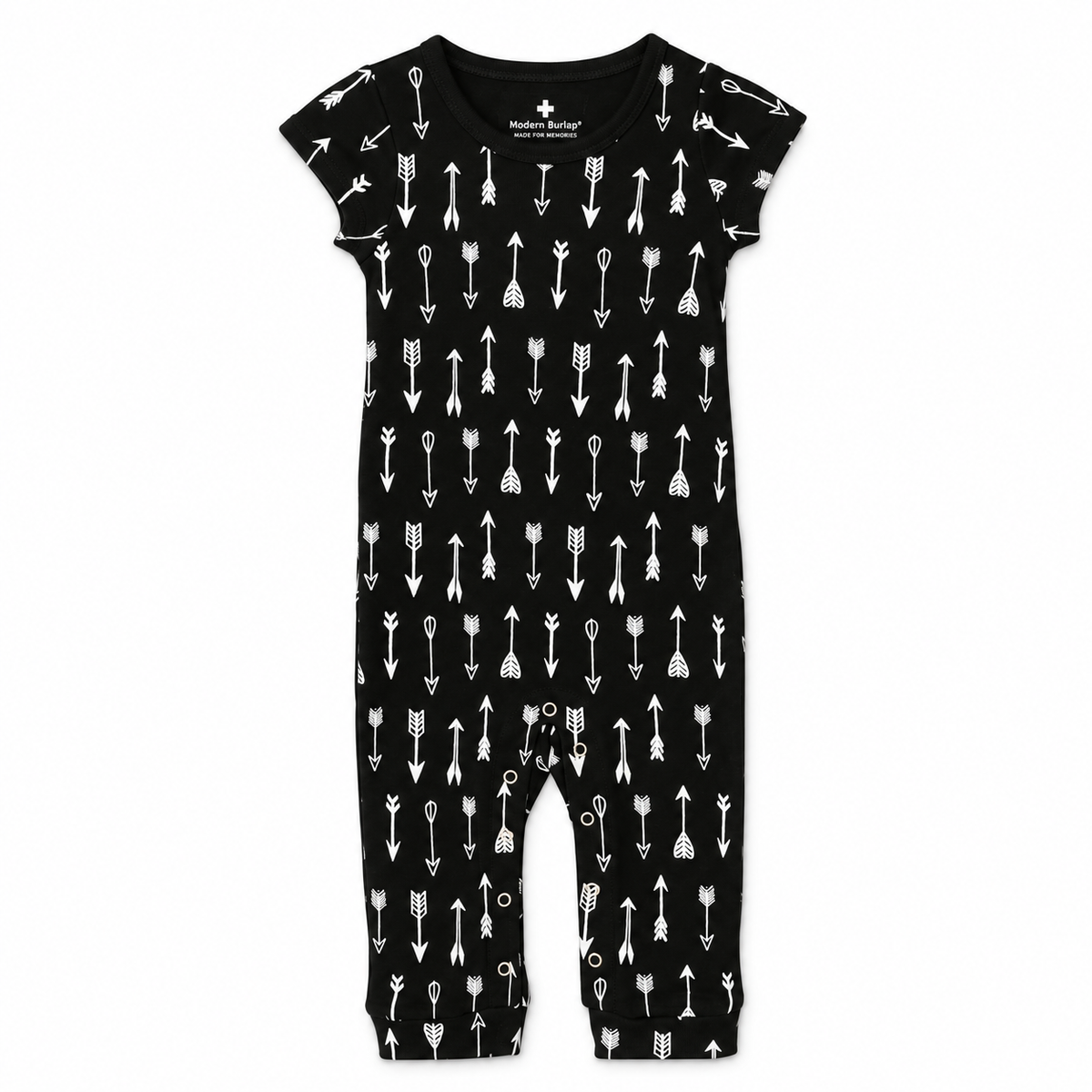 Organic Baby Explorer Back Jumpsuit | Signature Prints in White on Black Arrows, studio product photo on white.
