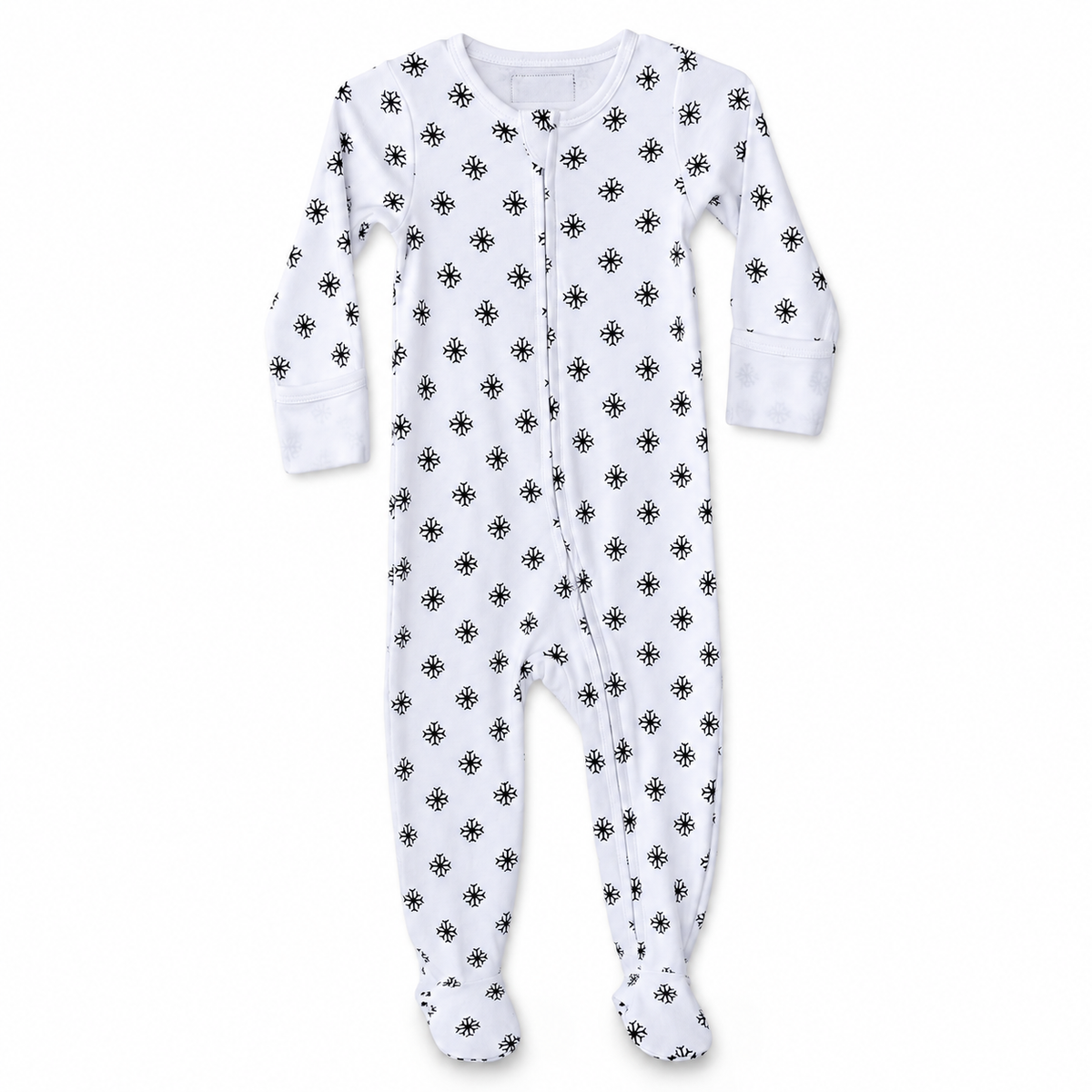Modern Burlap organic zip footie in Black on White Snowflakes, full front studio view
