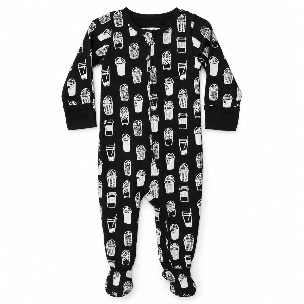Modern Burlap organic zip footie in White on Black Coffee Love, full front studio view