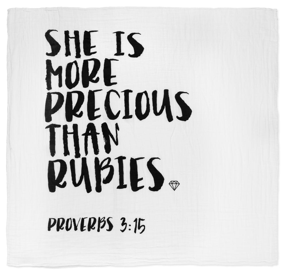 
                  
                    Load image into Gallery viewer, Organic Swaddle + Wall Art - Proverbs 3:15 She is more precious than rubies.
                  
                