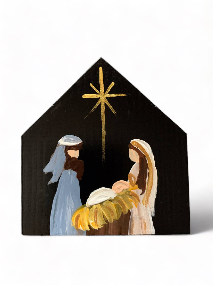 Original Small Nativity, handmade Wood, Black Background