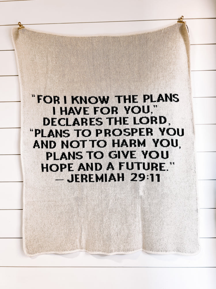 Made in the USA | Recycled Cotton Blend Jeremiah 29:11 Block Lettering Throw Blanket | Natural