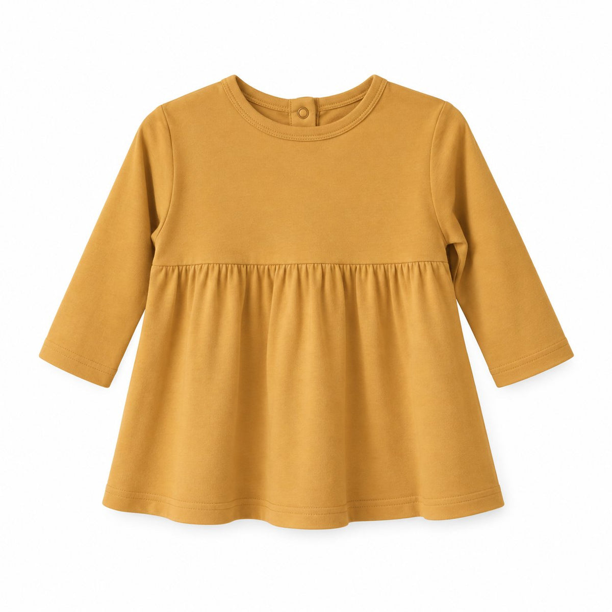 Modern Burlap organic long sleeve dress in Honey, front studio view