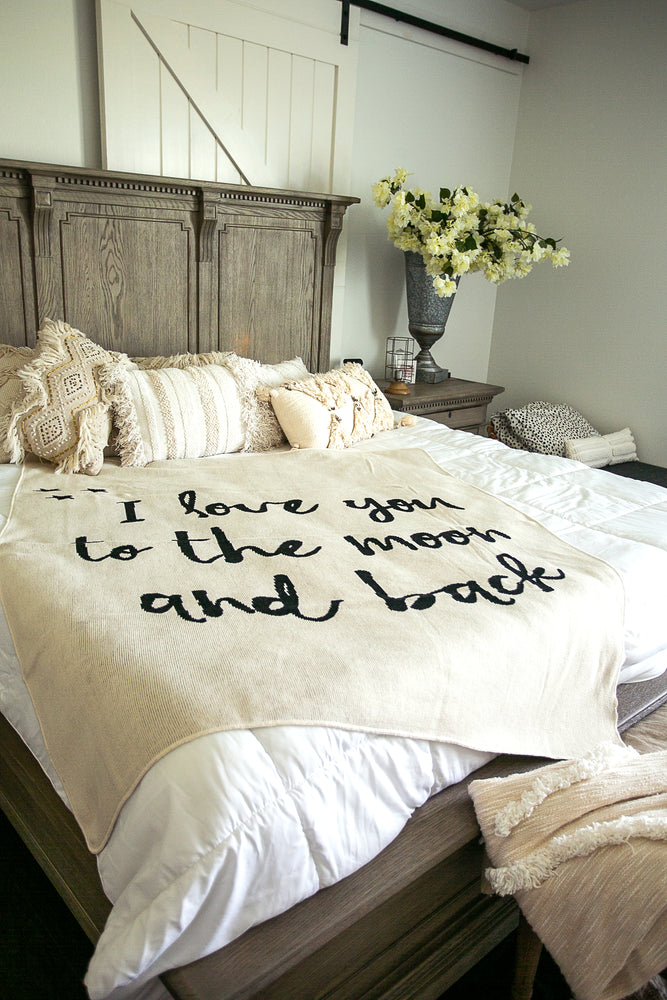 
                  
                    Load image into Gallery viewer, Made in the USA | Recycled Cotton Blend I love you to the moon and back Throw Blanket
                  
                