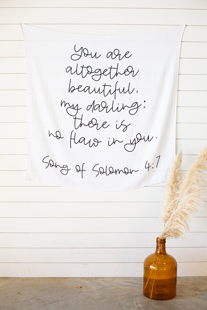 
                  
                    Load image into Gallery viewer, Organic Swaddle + Wall Art - Song of Solomon 4:7 You are altogether beautiful, my darling; there is no flaw in you.
                  
                