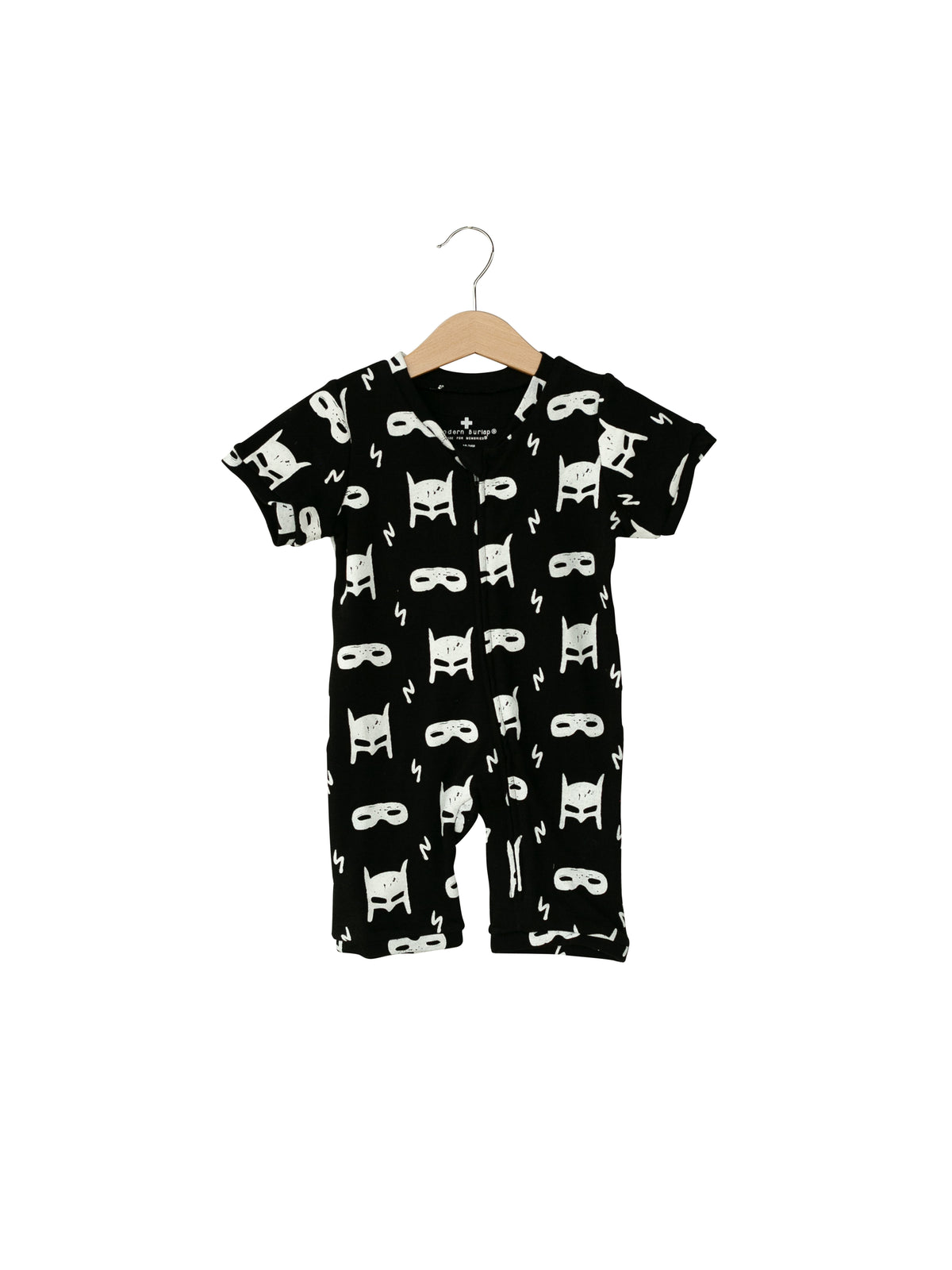 White on Black Hero Struck Organic Baby Short Sleeve Zip Romper — product photograph.