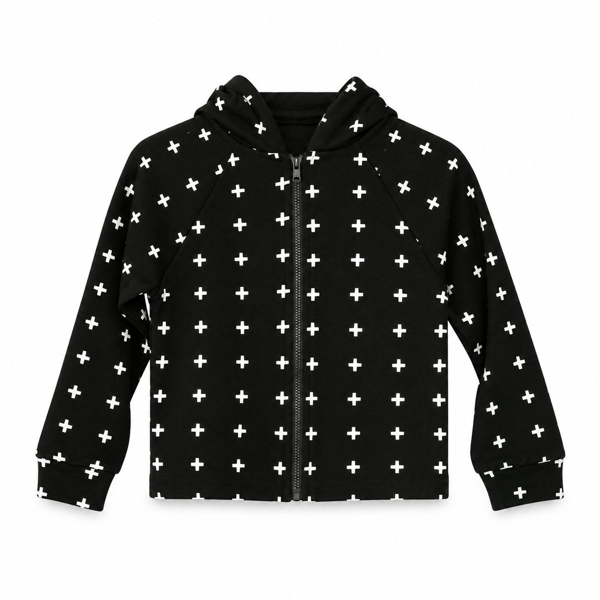 Modern Burlap organic zip hoodie in White on Black Swiss Cross, coordinated front studio view on white