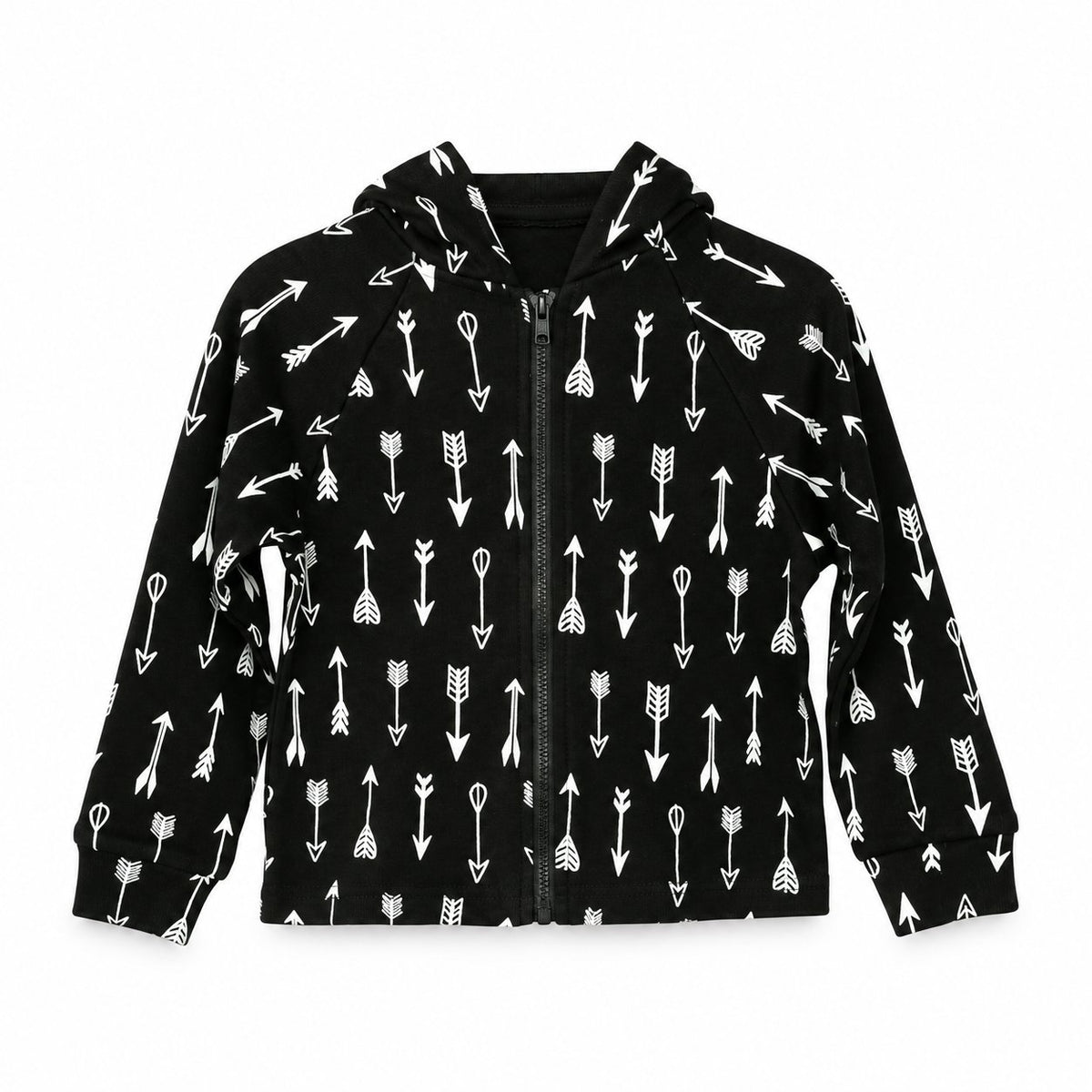 Modern Burlap organic zip hoodie in White on Black Arrows, coordinated front studio view on white